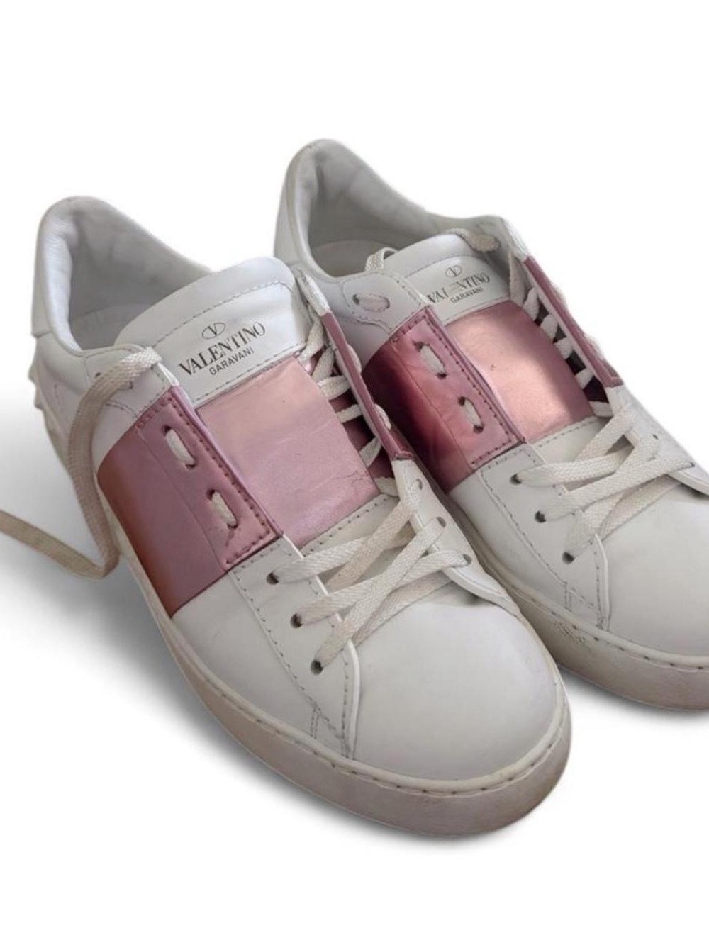Valentino Garavani White Leather Sneakers with Pink Metallic Panel